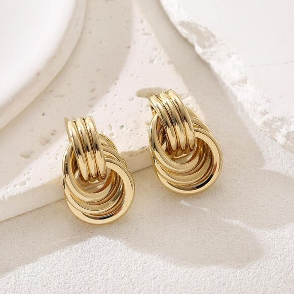 14K Gold Knot Dangle Earrings for Women, Stylish Chunky Gold Statement Jewelry - Picture 4 of 7